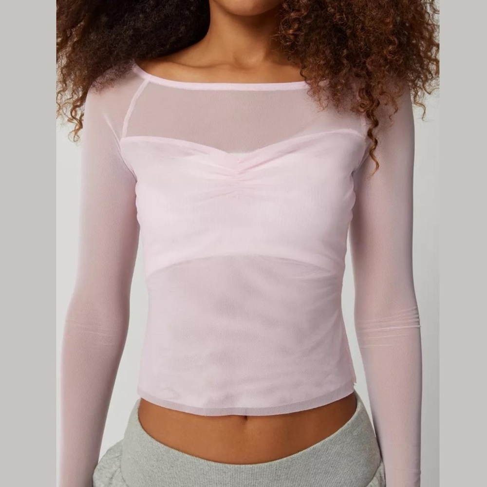 Urban Outfitters Pink Sheer Mesh Long Sleeve Top • Size M